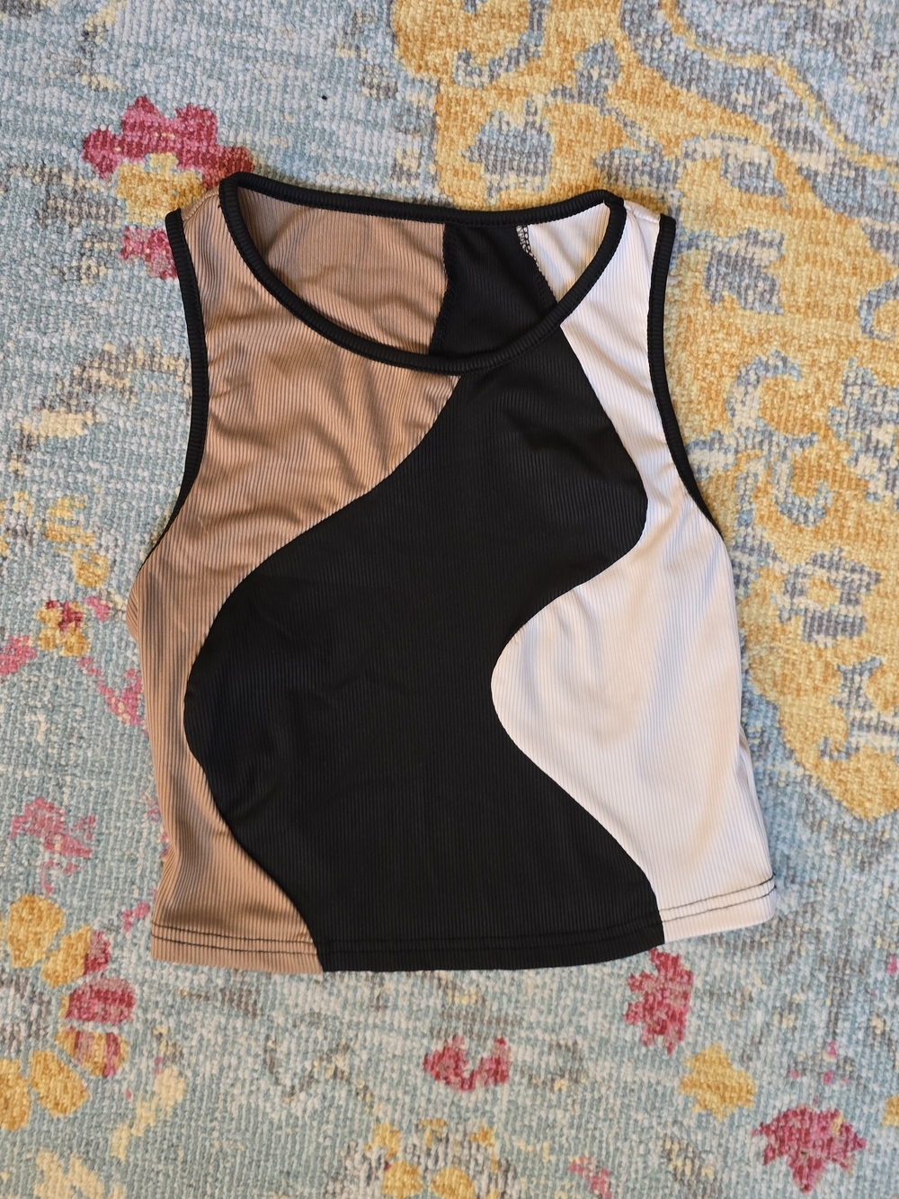 Colorblock Ribbed Crop Tank — Black, White, Beige